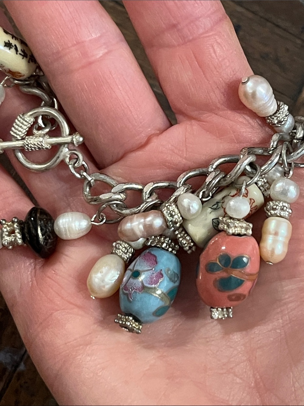 Artisan freshwater Pearl Charm Bracelet -cloisonné/enamel /milifori /charms - Picture 9 of 13